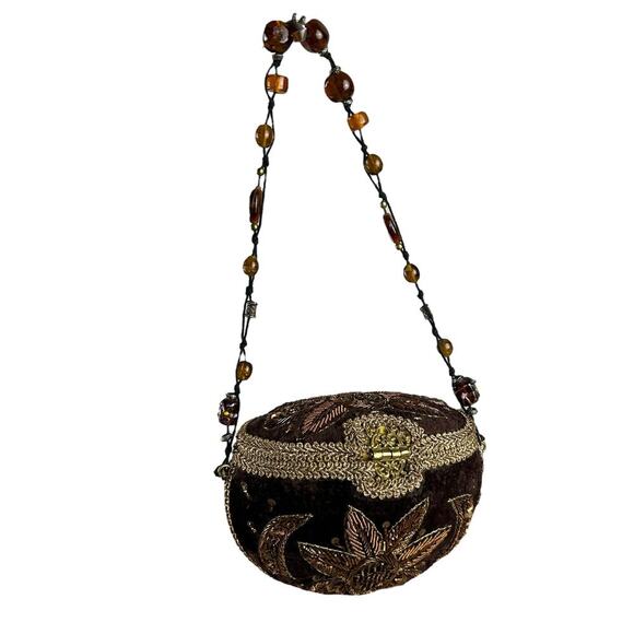 Vintage 70s Indian Handmade Brown Velvet Structured Beaded Mini Bag - Picture 1 of 6